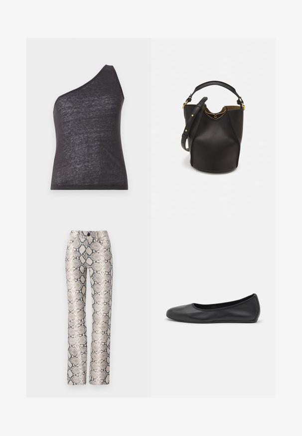 Asymmetrinen musta toppi yhdellä olkaimella, valmistettu pehmeästä, hieman läpikuultavasta kankaasta. Topissa on muodikas siluetti ja sileä rakenne.; Harmaa ja beige käärmeennahkakuosiset housut. Suora lahjamalli, jossa on tekstuuri ja etutaskut. Varustettu napin sulkemisella.; Musta nahkainen ballerina, jossa on pyöristetty kärki, sileä pinta, minimaalinen ommelkoristelu ja joustava pohjamuotoilu.; Mustan nahka-buckettikassi, jossa on teksturoitu pinta, kultaiset metalliosat ja avoin yläosa. Ominaisuuksiin kuuluu lyhyt kahva ja säädettävä olkahihna.