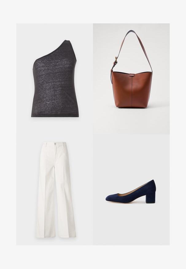 Asymmetrisch zwart tanktop met één schouderband, gemaakt van zacht, licht doorzichtig materiaal, met een getailleerde snit en een soepele textuur.; Witte wijde-broek gemaakt van katoen met een gladde textuur. Voorzien van een knoop aan de voorkant, ritsopening en vierzakkenontwerp.; Navy blauwe suède pump met een spitse neus en een blokhak van gemiddelde hoogte. Glad oppervlak met een subtiele glans en een kleine uitsparing aan de voorkant.; Bruine leren schoudertas met een gebogen vorm, gladde textuur en een enkele dunne schouderband. Heeft een subtiele naad en een klein logo-detail.