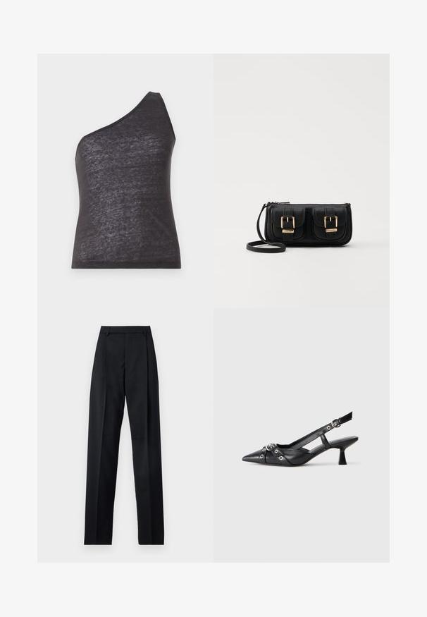 Top senza maniche asimmetrico nero con una sola spallina, realizzato in tessuto morbido e leggermente trasparente, caratterizzato da una silhouette aderente e una texture liscia.; Pantaloni neri realizzati in tessuto morbido, caratterizzati da vita alta, gambe larghe, pince frontali e classiche passanti per cintura. Non ci sono tasche laterali visibili.; Scarpa slingback nera in pelle con punta affusolata, cinturini decorativi con occhielli metallici e tacco basso a blocco. Superficie testurizzata.; Borsa a tracolla nera in pelle con due tasche frontali, fibbie dorate, chiusura con zip e una tracolla sottile. Superficie texturizzata e forma rettangolare compatta.