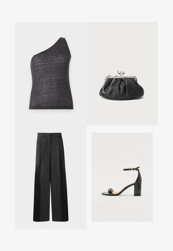 Asimetrisks melns topiņš ar vienu plecu siksniņu, izgatavots no mīksta, nedaudz caurspīdīga auduma, ar pieguļošu siluetu un gludu tekstūru.; Melni platajā kājās bikses ar augsto jostasvietu, kas ar priekšējiem krokām, gludu tekstūru un pielāgotu apdari. Veidotas relaksētai piegrieztei.; Melnas patentā ādas sandales ar platām papēžiem, atvērtu purngalu un potītes siksniņu ar zelta sprādzi. Gluda tekstūra un elegants dizains.; Melnas ādas roku soma ar sakrautām tekstūrām, sudraba toņu metāla rāmis, skavas aizdare un ķēdes siksna. Gluda, maiga virsma.