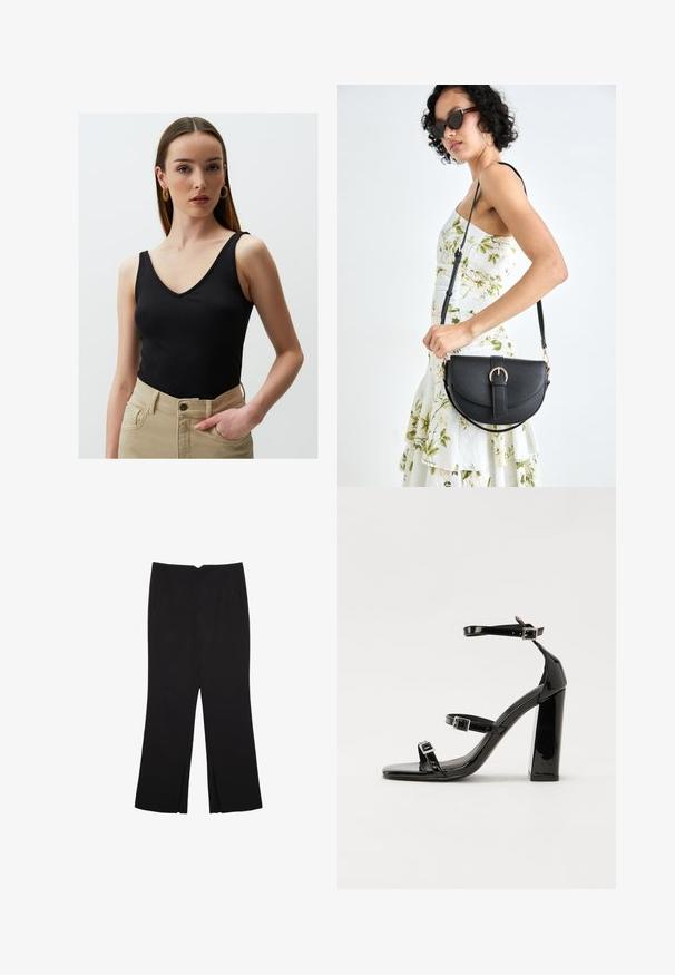 Jimmy Key V NECK SLEEVELESS - Top - black; Pantaloni neri a gamba dritta, con tasche frontali e spacchi laterali all'orlo. Realizzati in tessuto morbido e liscio. Adatti a diverse occasioni.; Sandali con tacco in vernice nera, con punta squadrata, cinturini alla caviglia e fibbie in argento. Presentano un tacco a blocco spesso per maggiore stabilità.; Borsa a tracolla nera in pelle con una forma curva, manico rimovibile e accessori dorati. La borsa presenta una patta con un dettaglio a fibbia.