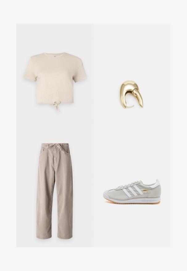 Kuttet beige t-skjorte laget av glitrende stoff med korte ermer og en knyttedetalj i nederkant. Glatt tekstur og rund halsutringning.; Beige kordfløyelsbukser med løs passform, med strikk i livet, to frontlommer og vertikal ribbet tekstur.; Lys grå sneaker laget av semsket skinn og mesh, med tre hvite striper, rund tå og såle av gummi. Gull logo-aksent nær snørebåndene.; Gullfarget metalløredobber med et elegant, buet design. Har en karakteristisk spiss form, polert overflate og hengsel-lukking.