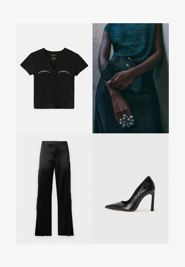 Top corto nero a maniche corte con scollatura a V, con il testo bianco "misbhv" stampato due volte sopra la zona del petto.; Camicia nera in satin con maniche lunghe e colletto alto, vita aderente e dettaglio con cordoncino regolabile. Texture liscia con una finitura elegante.; Pantaloni in satin nero con gambe larghe, caratterizzati da dettagli in frange lungo le cuciture laterali e una cintura piatta in vita. Retro semplice senza tasche.; Scarpa nera con punta a punta alta in pelle di coccodrillo, caratterizzata da un design elegante, alto tacco a spillo e interno nero liscio.; Clutch bag nera con motivo coccodrillo e hardware argentato, appoggiata su uno sfondo grigio texture. Presenta una superficie lucida.