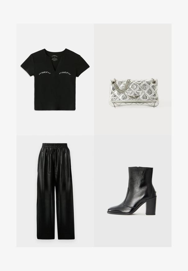 Musta lyhythihainen V-pääntie crop top, jossa on valkoiset "misbhv"-tekstit painettuna kaksi kertaa rinnan alueen ylle.; Mustat nahkaiset väljät housut, joissa on joustava vyötärö, kahdella sivutaskulla ja sileällä, kiiltävällä pinnalla.; Mustat nahka ankle bootit, joissa on sileä pinta, terävä kärki ja paksu korkea korko. Sivusaumassa on avaus ja muuten yksinkertainen muotoilu.; Hope penkki, jossa on metallinhohtoinen pinta, ketjuhandle, tikattu tekstuuri, koristeelliset ompeleet ja vetoketjukiinnitys. Edessä on kohokuvioituja koristeita.