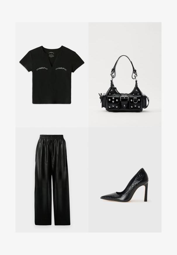 Black short-sleeve V-neck crop top with white "misbhv" text printed twice above the chest area.; Black leather wide-leg pants with an elastic waistband, featuring two side pockets and a smooth, shiny texture.; Black pointed-toe high heel shoe with a crocodile-skin texture, featuring a sleek design, high stiletto heel, and smooth black interior.; Black leather handbag with a curved design, featuring silver studs, a buckle, and two side pockets. Adjustable strap for carrying options.