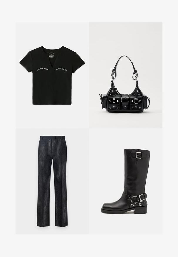 Čierny krátky rukáv V-krk crop top s bielym textom "misbhv" potlačeným dvakrát nad oblasťou hrude.; Tmavé pruhované nohavice s širokým nohavicovým strihom, vyrobené z textúrovanej látky s vertikálnymi striebornými prúžkami. Plocá predná časť a pútka na opasok.; Čierne kožené čižmy po kolená so striebornými prackami a kruhovým akcentom, s okrúhlou špičkou a nízkym blokovým opätkom. Hladká textúra.; Čierna kožená kabelka s zakriveným dizajnom, doplnená striebornými cvočkami, prackou a dvoma bočnými vreckami. Nastaviteľný popruh poskytuje rôzne možnosti nosenia.