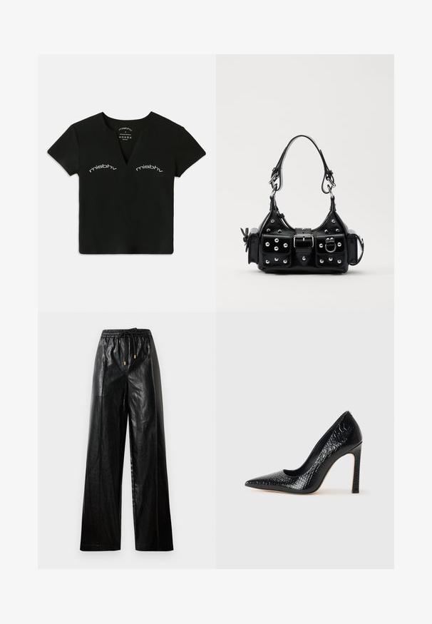 Crop top noir à manches courtes et en V avec le texte blanc "misbhv" imprimé deux fois au-dessus de la poitrine.; Pantalon large en cuir noir avec une taille élastique, un cordon de serrage et des accents en matériel doré. Texture lisse et coupe décontractée.; Escarpin noir à bout pointu avec texture en cuir de crocodile, présentant un design élégant, un haut talon aiguille et un intérieur noir lisse.; Sac à main en cuir noir au design courbé, avec des clous en argent, une boucle et deux poches latérales. Bandoulière réglable pour différentes options de transport.