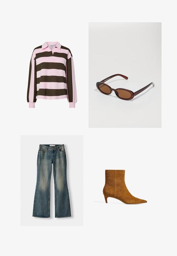 Pitkähihainen rugby-paita, jossa on leveät vaaleanpunaiset ja tummanruskeat vaakaraidat, kaulus ja löysä istuvuus.; Siniset leveälahkeiset farkut, joissa on haalistunut pesu, viisi taskua ja nappikiinnitys. Materiaalissa on farkkukangas, jossa on hienovaraisia ompeluyksityiskohtia.; Ruskeat nahkasaappaat nilkkapituisella varrella, joissa on terävä kärki ja matala, kitten-korko. Muotoilu sisältää sileän pinnan ja saumattoman yläosan.; Pyöreät, ruskehtavat aurinkolasit, joissa on kiiltävä burgundinpunainen runko. Kapeat sivut, joissa on hienovarainen brändäys. Litteät linssit.; Ruskea mokkavuori hobo-laukku, jossa on löysä muoto, kaareva yläkahva ja kolmiosaiset paneelit etu- ja takapuolella.