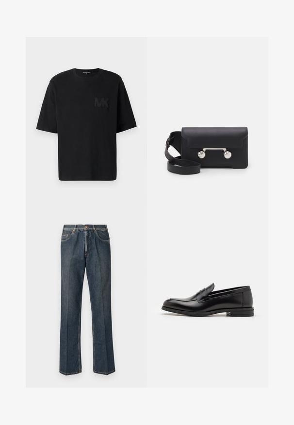 Mustaharju t-paita mustasta puuvillasta, jossa on lyhyet hihat, pyöreä kaula-aukko ja teksturoitu "MK"-logo vasemmassa rinnassa. Yksinkertainen, rento istuvuus.; Tummansiniset suorat farkut, joissa on edessä nappi, vetoketju, tuplakoteloita ja näkyvät pystysaumat lahkeissa.; Mustat nahkakengät, joissa on sileä pinta, pyöreä kärki ja koristeellinen nauha jalkapöydän yli. Matala pinoitu koroke, minimalistinen muotoilu.; Mustan nahkainen olkalaukku, jossa on läppäkiinnitys, hopeanväriset yksityiskohdat ja kaksi pyöreää koristetta. Varustettu irrotettavalla hihnalla. Sileä pinta.