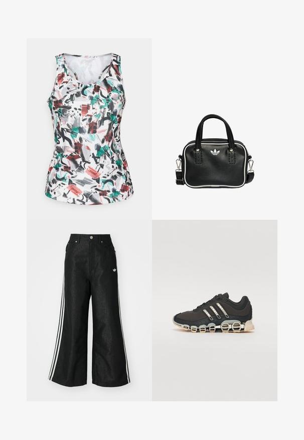 Bezramienna sportowa koszulka z okrągłym dekoltem, z abstrakcyjnym wzorem pędzla w zielonym, czerwonym, czarnym i szarym na białej tkaninie.; Czarne dżinsy o szerokich nogawkach z trzema białymi paskami po bokach i małym białym logo. Posiadają przednie kieszenie i zapięcie na guzik.; Czarne sportowe buty z teksturowaną cholewką, trzema srebrnymi paskami i charakterystyczną podeszwą z amortyzacją, składającą się z wielu zintegrowanych sekcji.; Czarna skórzana torebka z dwoma krótkimi uchwytami, srebrnymi akcentami, białymi detalami i białym logo. Posiada teksturowaną powierzchnię oraz kompaktowy design.