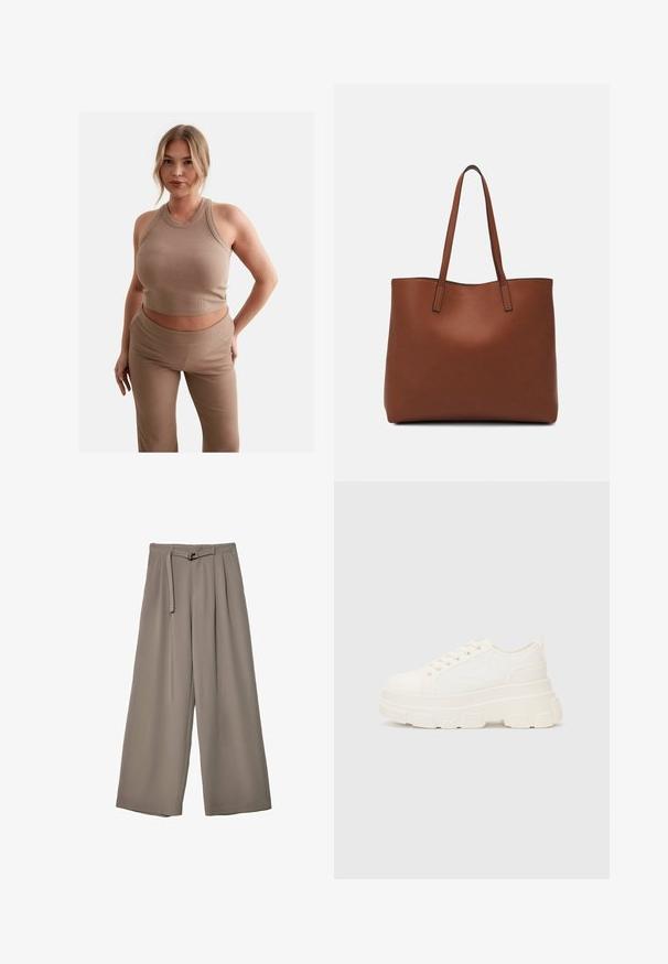 Vaaleanruskea lämpötilan mukaan ribbien vaate, jossa on korkea kaula-aukko ja tiukka muotoilu, paritettu yhteensopivien ribbiasuisten korkeavyötäröisten housujen kanssa. Huomaamaton logo näkyvissä.; Suurille lahkeille housuille pehmeässä, hillityssä harmaassa kankaassa, jossa on vyötäröllä vyö ja lisää muotoilun yksityiskohtia kuploissa. Sileä rakenne, ei kuvioita.; Valkoinen kangaskenkä paksulla pohjalla, pyöreällä kärjellä ja viidellä nauhakuutiolla. Takareunan vipu helpottaa pukemista. Sileä pinta, minimalistinen muotoilu.; Ruskea nahkainen olkalaukku, jossa on sileä pinta, avoin yläosa ja kaksi olkahihnaa. Omaavat vain minimaalisen ompelun eikä näkyvää metalliosaa.