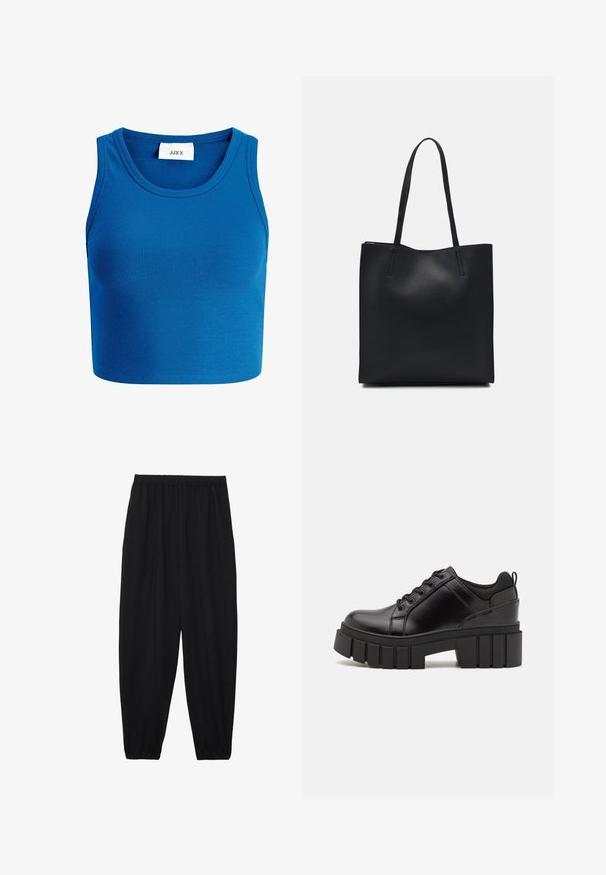 Blue ribbed crop top with wide neckline, sleeveless design, and a label reading "JJXX" located at the center of the neckline.; Black, lightweight pants with an elastic waistband and gathered ankles. The fabric is smooth and features a relaxed, tapered design.; Black leather platform shoes with a chunky block heel, round toe, and traditional lace-up design. Features smooth texture and minimal detailing.; Black leather tote bag with smooth texture, rectangular shape, and two long handles. No visible hardware or embellishments.