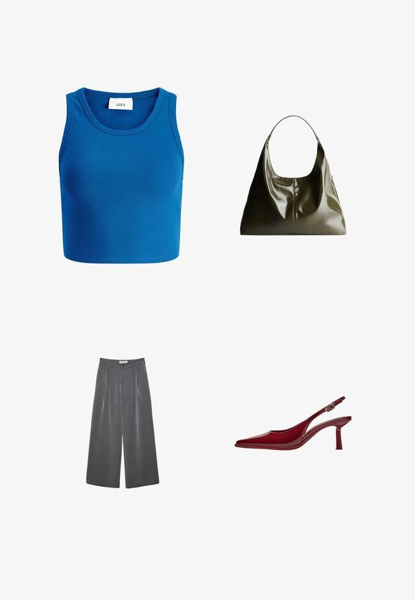 Sininen ribattu toppi, jossa on leveä pääntie, olkaless muotoilu ja etupuolella labeli "JJXX" pääntiellä.; Pleated leveleijoushousut tummanharmaasta kankaasta, jossa on hieno rakenne. Ominaisuuksina napin suljenta ja klassinen vyötärönauhan muotoilu.; Bershka Avokkaat - dark red; Oliivivihreä, nahkainen olkalaukku, jossa on sileä, kiiltävä pinta. Ominaisuuksiin kuuluu pyöristetty yläosa ja pehmeä, roikkuva muoto. Minimalistinen muotoilu.