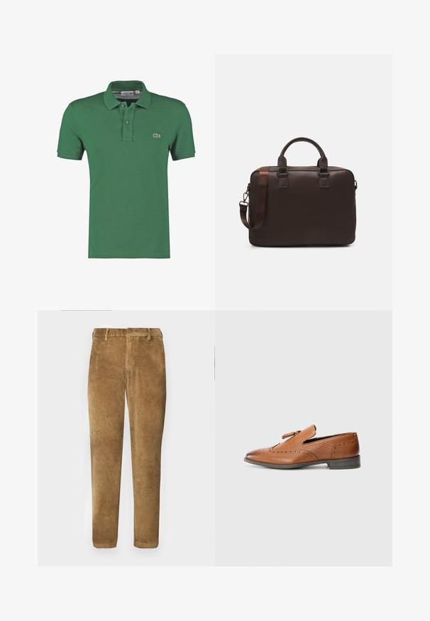 Πράσινο πόλο μπλουζάκι από βαμβάκι, με κλασικό γιακά, δίχρωμο κουμπί και ένα μικρό κεντημένο λογότυπο στο στήθος.; Καφέ κοτλέ παντελόνι με κατακόρυφη ραβδωτή υφή, ίσια γραμμή, κλείσιμο με κουμπί και θηλιές για ζώνη. Ομαλός ύφασμα με απαλή υφή.; Καφέ δερμάτινο παπούτσι με περφορέ λεπτομέρειες, υφασμάτινες πλευρές, επίπεδη σόλα και διακοσμητική κόμπο στην πάνω πλευρά. Κλασικός σχεδιασμός με λεία φινίρισμα.; Καφέ δερμάτινη τσάντα φορητού υπολογιστή με υφή, διπλά επάνω χερούλια, ρυθμιζόμενο λουρί και δύο μπροστινές πόρπες για επιπλέον λεπτομέρεια.