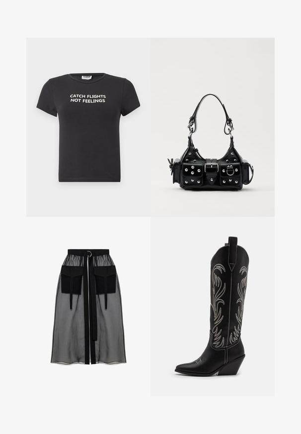 Črna bombažna majica s kratkimi rokavi, na kateri je bel napis "ULOVITE LETE, NE ČUSTEV". Klasična zasnova z okroglim ovratnikom.; Črna prozorna krila z nabranim pasom, ki ima dva velika sprednja žepa, pas za zavezovanje in okroglo kovinsko dekoracijo.; Črne usnjene kavbojske čevlje s koničastimi prsti, klinastimi petami in srebrnimi vezeninami cvetnega vzorca po vsej dolžini. Kontrastno šivanje povsod.; Črna usnjena torbica s ukrivljenim dizajnom, ki vsebuje srebrne žebljičke, zaponko in dve stranski žepki. Nastavljiv trak za različne možnosti nošenja.
