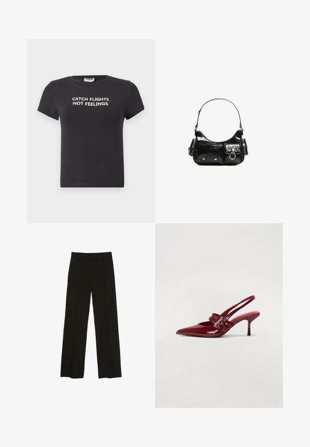Zwart katoenen T-shirt met korte mouwen, voorzien van witte tekst die luidt: "CATCH FLIGHTS NOT FEELINGS." Klassiek ronde hals ontwerp.; Zwarte wijde pantalon gemaakt van een soepele stof, met een aansluitende tailleband en subtiele plooien aan de voorkant voor extra textuur.; Rode gepatenteerde leren slingbackhakken met een spitse neus, twee gespsluitingen en een slanke, middelhoge stilettohak. Glad textuur.; Zwarte laarzen in lakleer met een gebogen vorm, één schouderband, voorvakken en accenten in zilverkleurig metaal.