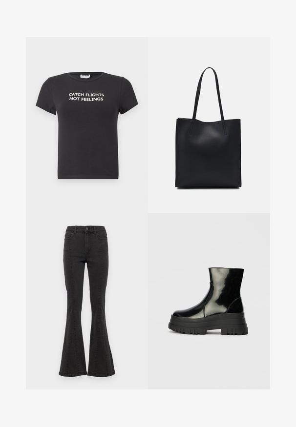 Black cotton t-shirt with short sleeves featuring white text that reads "CATCH FLIGHTS NOT FEELINGS." Classic crew neck design.; Black denim flared jeans with a high waist, featuring side seams and a clean finish at the hem. Fabric has a smooth texture with slight stretch.; Black glossy ankle boot with thick lug sole and rounded toe, side view on plain light gray background.; Black leather tote bag with smooth texture, rectangular shape, and two long handles. No visible hardware or embellishments.