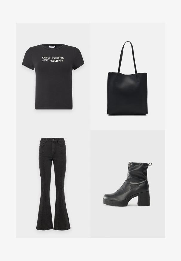 Črna bombažna majica s kratkimi rokavi, na kateri je bel napis "ULOVITE LETE, NE ČUSTEV". Klasična zasnova z okroglim ovratnikom.; Črne flare jeans hlače z visokim pasom, ki imajo stranske šive in čist zaključek na robu. Tkanina ima gladko teksturo z rahlo raztegljivostjo.; Črne gležnjarje iz gladke kože z božnim zadrgo, masivnim teksturiranim peto in zaobljeno obliko prstov.; Črna usnjena torba s svilnato teksturo, pravokotne oblike in dvema dolgima ročajema. Brez vidnih metalnih delov ali okrasnih elementov.