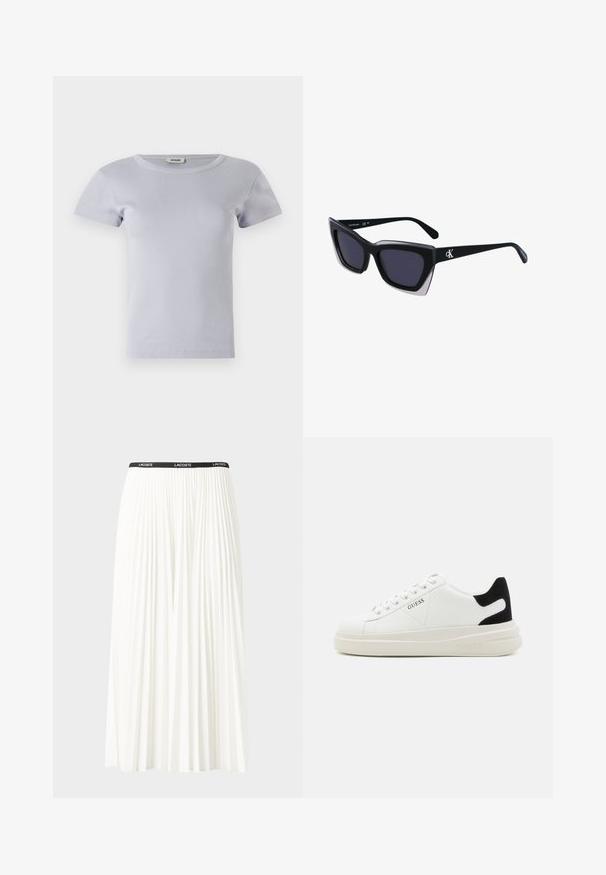 Svetlo modra kratkolasna majica iz rebraste tkanine z okroglim izrezom in prilagojeno silhueto ima minimalne šivske detajle.; Gubasta bela krila z črnim elastičnim pasom, ki nosi logotip "LACOSTE". Srednje dolga zasnova z mehkobo tkanine.; Bele usnjene športne copate z debelim belim podplatom, črnimi semišnimi detajli na peti in utisnjenim logotipom na strani. Zavezovanje s šestimi luknjicami.; Črne prevelike sončne očala geometrijske oblike, z temnimi lečami in kontrastno sivo podrobnostjo na okvirju. Logo na ročaju.
