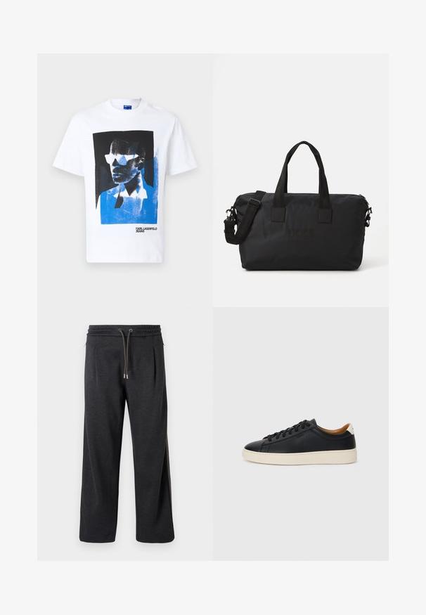 Balta kokvilnas T-kreklu ar zilu un melnu grafiku, kurā attēlota seja ar saulesbrillēm. Ietver tekstu "KARL LAGERFELD JEANS".; Tumši pelēki sporta bikses ar mīkstu tekstūru, elastīgu jostiņu, auklu aizdari un sānu vīlēm ar kontrastējošām akcentiem. Plaša kāju dizains.; Melni ādas sporta apavi ar gludu tekstūru, bēša krāsas gumijas zole, auklu aizdare un kontrastējošs papēža akcents.; Melnas neilona sporta somas ar divām augšējām rokturiem un noņemamu plecu siksnu. Iespējas ar iegravētu logotipu un gludu tekstūru ar rāvējslēdzēja aizdari.