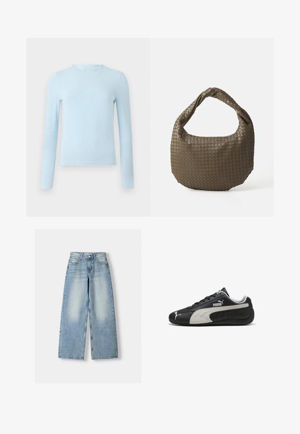 Svjetloplava bluza dugih rukava izrađena od glatke tkanine, s valovitom izrezom i prilagođenim dizajnom, ravnim rubom i bez uzoraka.; Svijetloplave traper široke hlače s visokim strukom, s izblijeđenim finišem, pet džepova i ravnim krojem.; Črne usnjene teniske z strukturirano sivo nubuk usnjeno črto, ki imajo bele logotipne akcentne detajle in vezalni dizajn, okroglo konico ter gumijast podplat.; Tkanina olivno zelena torba z okroglo obliko in zvitim ročajem. Tekstura površine vsebuje diagonalni vzorec. Zadrga za zapiranje.