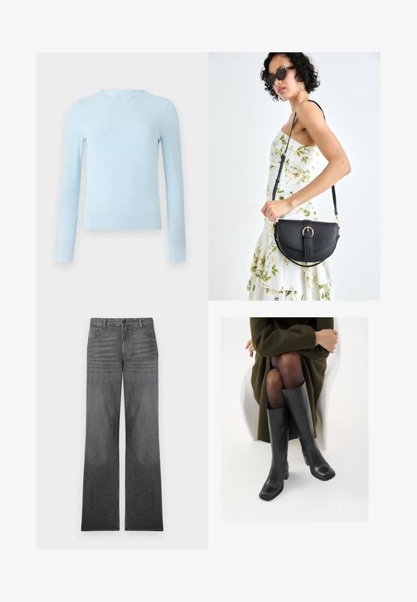 Világoskék, hosszú ujjú felső, sima anyagból készült, fodros dekoltázzsal és karcsú fazonnal, egyenes szegéllyel és minta nélkül.; Szürke farmer széles lábú nadrág, közepes mosással, öt zsebes kialakítással, elöl gombos záródással és diszkrét varrási részletekkel.; Térdfelett érő fekete bőr csizmák négyzet alakú orral és tömbtalppal, olajzöld kabátban ülő modellel bemutatva. Simaság, minimalista részletezés.; Fekete bőrtáska ívelt formával, levehető pánttal és arany színű fémrészekkel. A táskán egy csattal díszített fedél található.