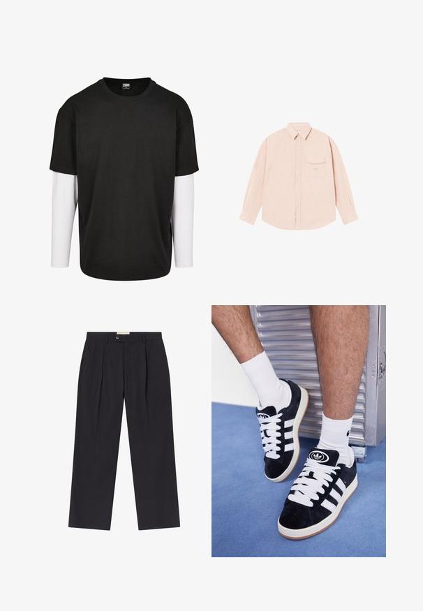 Maglietta nera a maniche corte con uno strato a maniche lunghe bianco sotto. Realizzata in cotone, con scollo rotondo e vestibilità rilassata.; Camicia a maniche lunghe di un rosa chiaro, realizzata in un tessuto morbido, dotata di colletto alla francese, taschino frontale e un sottile logo ricamato sul petto.; Pantaloni scuri navy su misura con vita alta, due pieghe frontali, chiusura con bottone e gamba dritta in tessuto liscio.; Sneakers in suede nero con lacci bianchi e tre strisce bianche. Presentano un logo circolare nero sulla linguetta e una suola in gomma color gomma.