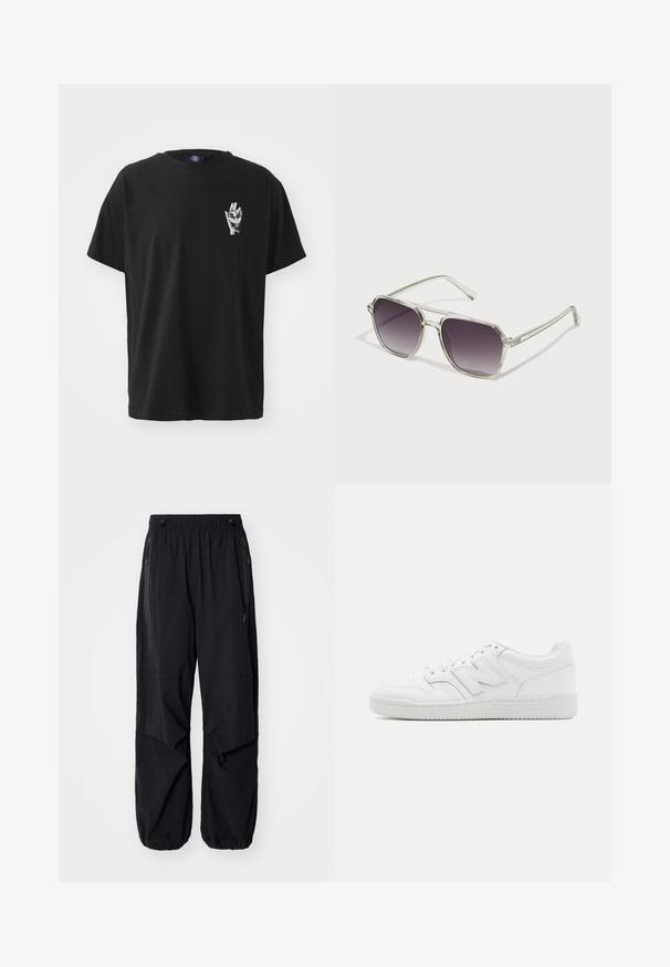 Juodas medvilninis marškinėlis su apvalia iškirpte, trumpomis rankovėmis ir baltu rankos grafiniu vaizdu kairėje krūtinės pusėje. Atsipalaidavęs siluetas, vientisa spalva.; Juodos lengvos krovininės kelnės su elastinga juosmeniu, šoninėmis užtrauktukais ir erdviomis kišenėmis. Turi laisvą prigludimą ir siaurėjančius rankogalius.; Balti sportbačiai, pagaminti iš lygaus odos, su perforuota nosimi, tekstūruotu guminiais padais, plokščiomis raištelėmis ir ryškiu 'N' logotipu šone.; Aiškiai rėmuoti akiniai nuo saulės kvadrato formos su pereinamais pilkais objektyvais. Ploni sidabriniai akcentai ant šventyklų prideda detalių.