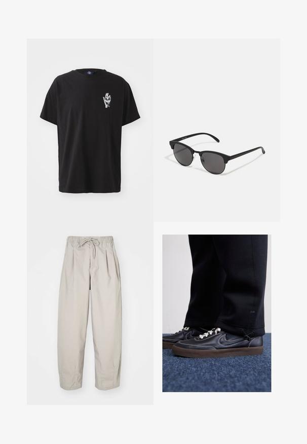 Černé bavlněné tričko s kulatým výstřihem, krátkými rukávy a bílou grafikou ruky na levé části hrudi. Volný střih, jednobarevné.; Béžové, lehké kalhoty s elastickým pasem a šňůrkou na stažení. Mají sklady a volný střih, vyrobené z měkké, hladké látky.; Nike Sportswear KILLSHOT 2 LTR PRM OPP2 - Tenisky - black sail baroque brown mtlc dk grey; Černé sluneční brýle s kulatými skly, matným povrchem a charakteristickým tvarovým kočičím okem. Úzké nožičky s nenápadným logem na levém rámu.; Sada pěti náramků obsahující hnědou kůži, dřevěné korálky a stříbrný řetěz; různorodé textury a tvary, s nastavitelnými uzávěry.