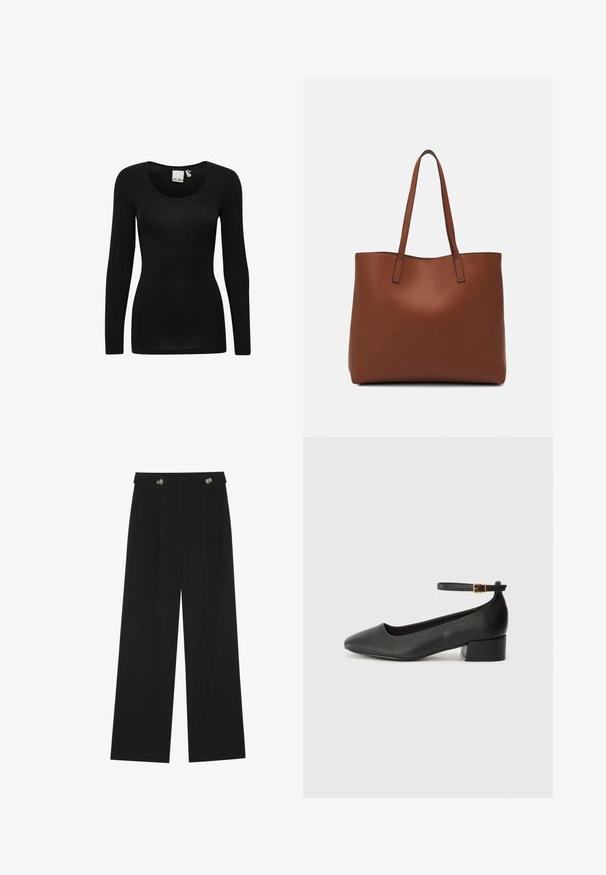 Black long-sleeve top with a rounded neckline, made from a soft, stretchy fabric. Features a fitted silhouette and minimalistic design.; Black wide-leg trousers with high waist, button details on waistband, and front pleats.; Black leather pump with a pointed toe and a low block heel. Features an ankle strap with a gold-tone buckle. Smooth texture.; Brown leather tote bag with a smooth texture, open top design, and two shoulder straps. Features minimal stitching and no visible hardware.