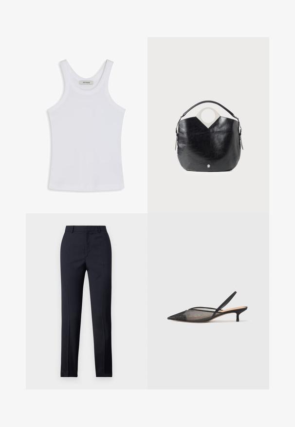 Balta bezpieka iz greznas auduma, ar apaļu izgriezumu un platām plecu siksnām, iekšpusē ir etiķete ar uzrakstu "IVY OAK."; Jūras spēku stila bikses ar taisnu griezumu, ar gludu tekstūru, divām priekšējām kabatām un tīru jostas vietu.; NEOUS IRENA - Klasiski papēži - black; Melnas ādas soma ar izliekta formu, apaļu augšējo rokturi un sudraba logo detaļu. Gluda tekstūra un ievērojama izgriezuma dizaina iezīme.