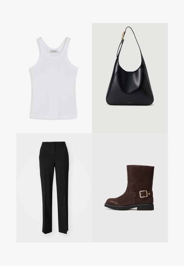 Balta tank top'o viršutinė dalis, pagaminta iš lygaus audinio, su apvaliu iškirpimu ir plačiomis petnešomis, viduje yra etiketė su užrašu "IVY OAK."; Juodi pritaikyti kelnių modeliai su tiesiomis kojomis, pasižyminčios lygiomis tekstūromis ir ryškiomis klostėmis priekyje. Nėra matomų detalių.; Rudos zomšos aulinukai iki kulkšnies su apvaliu nosiu, plokščiu juodu padu ir auksiniu sagtimi šone. Sklandus paviršius ir paprastas dizainas.; Juodas odinis pečių krepšys su lygiu paviršiumi, kreiviu siluetu ir auksinės spalvos detalėmis. Pagrindinėje dalyje yra išgraviruotas prekės ženklo logo.