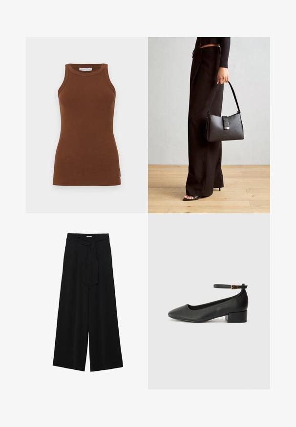 Brun ribbet tanktop med en tettsittende design, rund hals og brede skulderstropper. Har en liten logotag på siden.; Svart vide bukser med teksturert stoff, elastisk midje og avtagbart belte som gir justerbar passform.; Sorte skinnpumper med spiss tå og lav blokkhelt. Har ankelrem med gullfarget spenne. Glatt tekstur.; Svart håndveske med strukturert form, jevn tekstur og metallisk lås. Kombinert med brede svarte bukser og sandaler med åpen tå på tregulv.