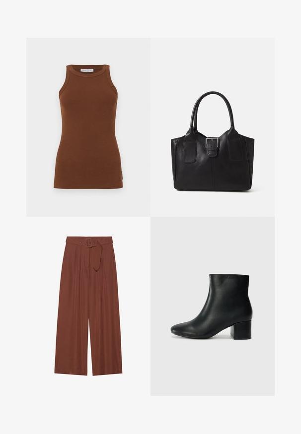 Bruine geribbelde tanktop met een aangesloten ontwerp, ronde hals en brede schouderbanden. Bevat een klein logo-label aan de zijkant.; Brunnen wijduitlopende broeken van stof, met een riem met een vierkante gesp, geplooid ontwerp en een gladde textuur.; Zwarte leren enkellaarzen met een spitse neus en een chunky hak. Gladde textuur met minimale accenten en een slank, strakk ontwerp.; Zwarte leren tote bag met een gladde textuur, gestructureerde vorm, twee handvatten en een opvallend zilveren sluitingdetail aan de voorkant.