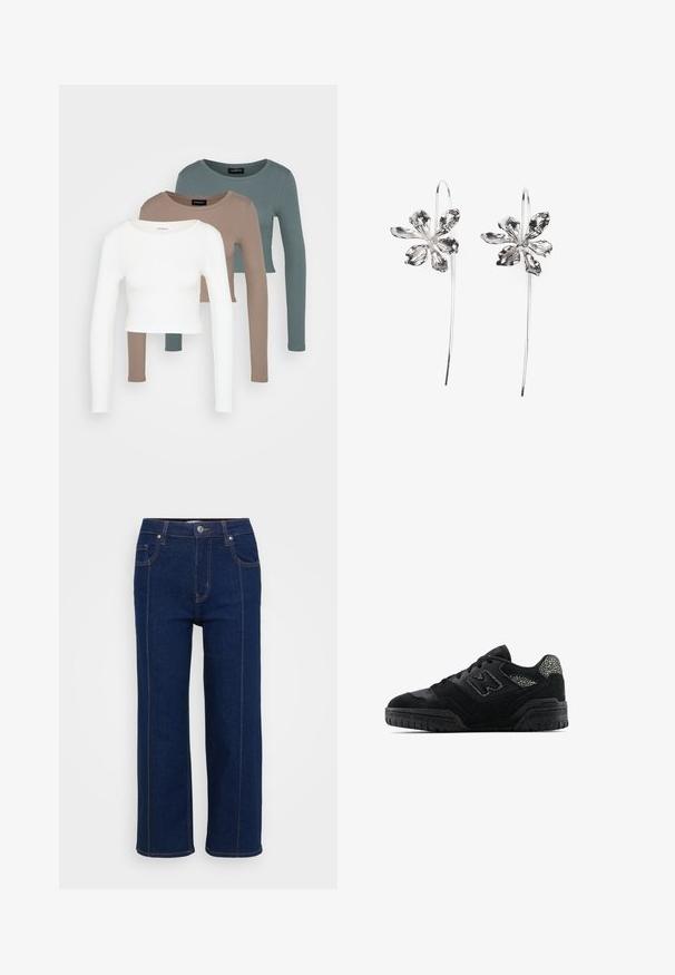 Three long-sleeve crop tops stacked, colors white, beige, and muted teal, with round necklines on a light gray background.; Dark blue straight-leg jeans with button closure, front and back pockets, and visible orange stitching along seams.; Black low-top sneaker with textured sole, lace-up design, suede panels, and patterned accents on heel and side logo.; Silver flower-shaped earrings with a textured finish, featuring long hooks and petal-like details for an intricate design.