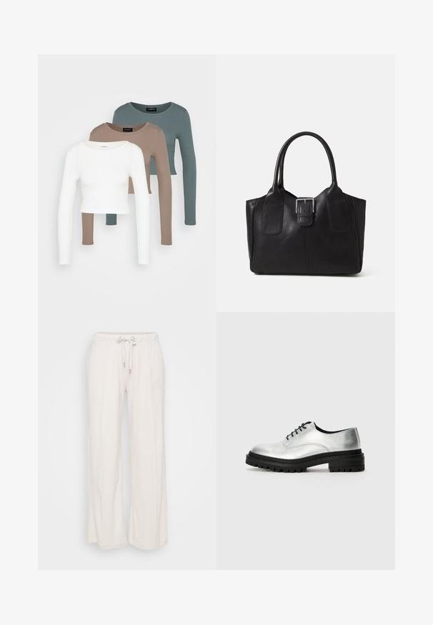 Trii dolgi rokavi kroji vrhovi zloženi, barve bela, bež in umirjena teal, z okroglimi izrezi na svetlo sivi podlagi.; Svetlo bež široke hlače z elastičnim pasom in vezalko. Narejene so iz mehkega materiala z navpičnimi šivi, ki tečejo po sprednji strani.; Srebrni usnjeni oksford čevlji z zaobljenim nosom, črnim gumijastim podplatom in črnimi vezalkami. Imajo minimalne šive ob straneh.; Črna usnjena torba s gladko teksturo, strukturirano obliko, dvema ročkama in izrazitim srebrnim sponko na sprednji strani.