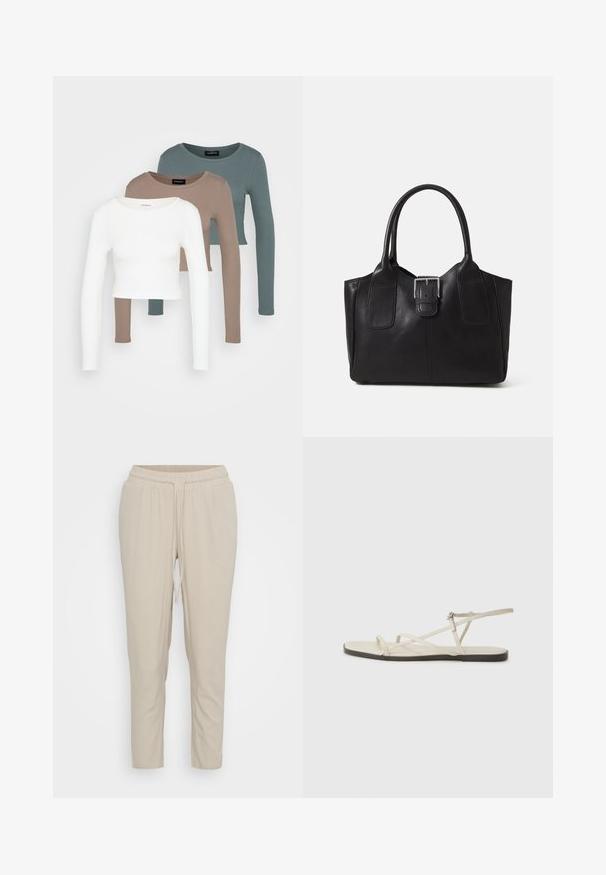 Tre langermede crop topper stablet, fargene hvit, beige og dempet teal, med runde halsåpninger på en lys grå bakgrunn.; Vero Moda Petite VMJESMILO ANKLE PANTS - Bukse - silver lining; Beige flate sandal med flere slanke stropper og en justerbar spenne. Sålen er flat med en svak mørk kontrast langs kanten.; Svart skinn toteveske med jevn tekstur, strukturert form, to håndtak og en fremtredende sølvspenne foran.