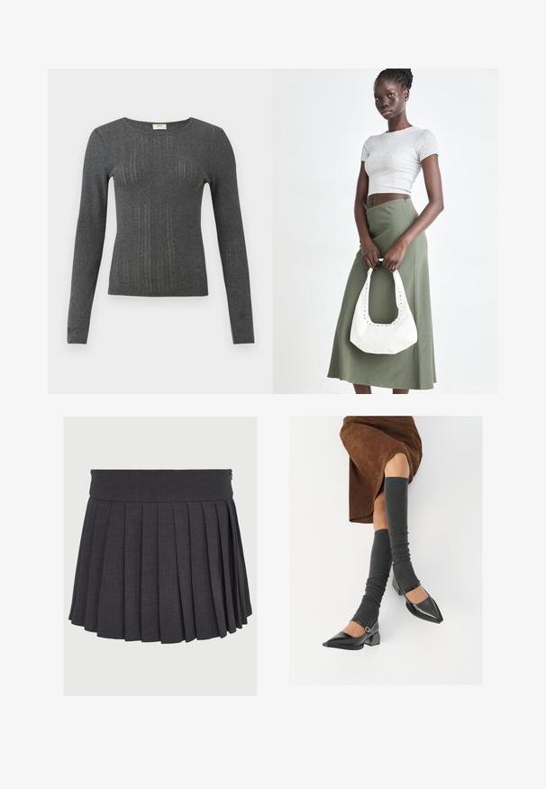 Hosszú ujjú, testhezálló sötétszürke pulóver finom függőleges csíkokkal és kerek nyakkivágással. Puha tapintás, a szövet enyhe fényességgel.; Szürke, pliszírozott szoknya lapos derékkal és cipzáras záródással, texturált anyagból készült, egyenletesen elhelyezett mély pliszékkel.; Fekete lakk bőrből készült, hegyes orrú cipők, tömbsarkúakkal és bokapánttal, szürke bordás lábszármelegítőkkel és barna velúr szoknyával párosítva.; Szürke bordázott cropped top és olajzöld, magas derékú szoknya. A modellen egy fehér válltáska van, amely kivágott részletekkel rendelkezik. Egyszerű dizájn, testhezálló sziluett.