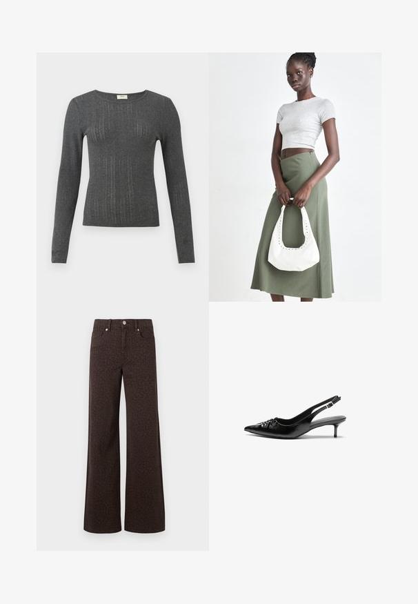 Ilgų rankovių, prigludęs švarkelis tamsiai pilkos spalvos su subtiliomis vertikaliomis juostelėmis ir apvali kaklo iškirpte. Minkšta tekstūra su nedideliu blizgesiu medžiagoje.; Rudos plačiakojai džinsai su subtiliu leopardų raštu, pagaminti iš denim medžiagos su glotnia tekstūra ir klasikinio penkių kišenių dizainu.; Juodos odinės slingback aukštakulniai su smailiu nosiu, mažais katės kulnais ir dekoratyvine mazgo detale priekyje. Visas paviršius lygus.; Pilka juostuota trumpa palaidinė ir alyvuogių žalios spalvos aukšto liemens sijonas. Modelis laiko baltą petį krepšį su išpjovomis. Paprastas dizainas, prigludusi siluetas.