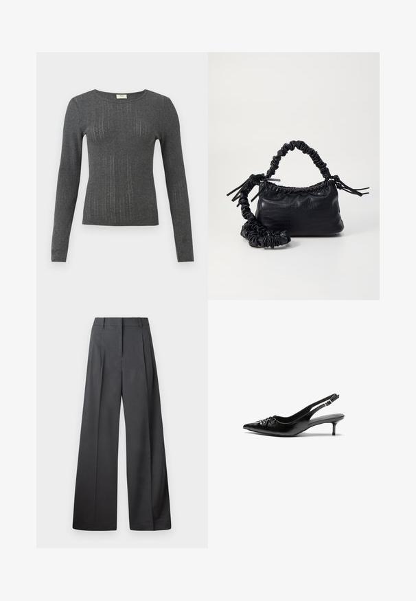 Long-sleeve, fitted top in dark grey knit with subtle vertical stripes and a round neckline. Soft texture with slight sheen in fabric.; Wide-leg trousers in dark gray fabric, featuring a high waist, single pleats, and a smooth texture with a clean finish at the hems.; Black leather slingback heels with a pointed toe, low kitten heel, and gathered detail on the vamp. Smooth texture and minimalist design.; Black faux leather handbag with a crocodile texture, cinched top, and a scrunched strap. Appears soft and compact in design.