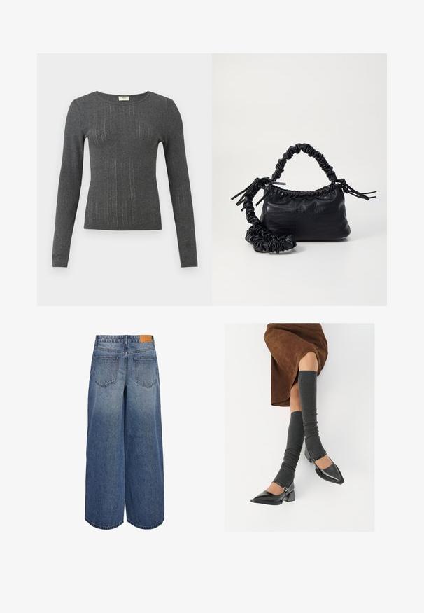 Hosszú ujjú, testhezálló sötétszürke pulóver finom függőleges csíkokkal és kerek nyakkivágással. Puha tapintás, a szövet enyhe fényességgel.; Széles lábú denim culotte nadrág közepes kék mosással és kopott textúrával, két hátsó zsebbel és barna bőr márkás címkével a derékon.; Fekete lakk bőrből készült, hegyes orrú cipők, tömbsarkúakkal és bokapánttal, szürke bordás lábszármelegítőkkel és barna velúr szoknyával párosítva.; Fekete műbőr kézi táska krokodil bőr textúrával, összehúzható tetejű és gyűrt pánttal. Lágy és kompakt dizájnúnak tűnik.