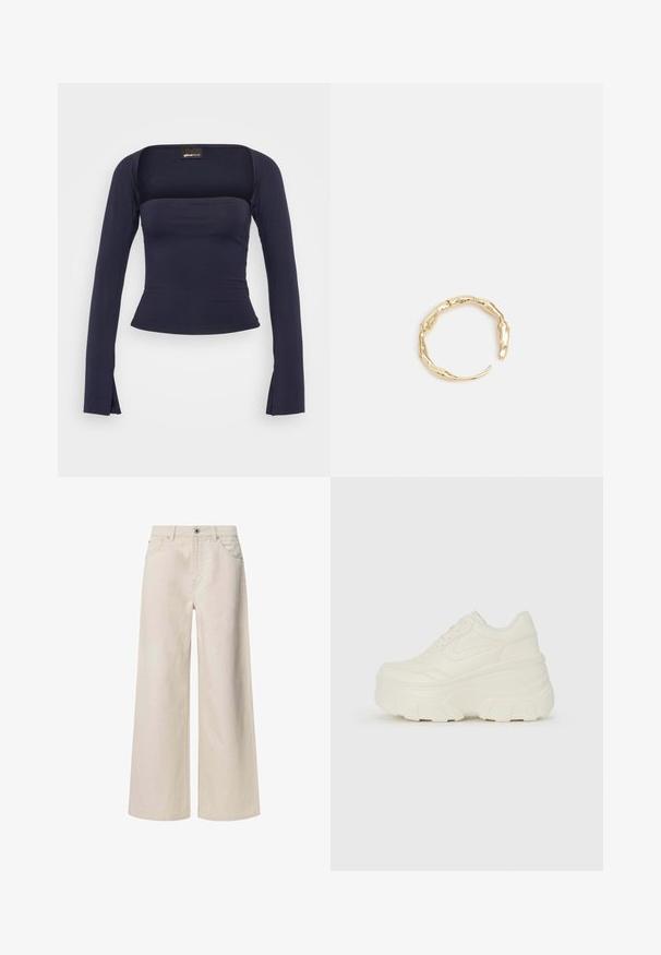 Gina Tricot SOFT TOUCH SQUARE NECK TOP - Top s dlhým rukávom - black iris; Bežové široké džínsy vyrobené z bavlny, s klasickým dizajnom piatich vreciek, predným zapínaním na gombík a čistými švami.; Biele platformové tenisky s hladkým koženkovým svrchným materiálom, zaobleným tvarom, polstrovaným golierom a textúrovanou gumovou podrážkou s výrazným vzorom.; Prsteň v zlatej farbe s organickým, skrúteným dizajnom, hladkým povrchom a zužujúcimi sa koncami, vytvárajúci moderný, sochársky vzhľad.