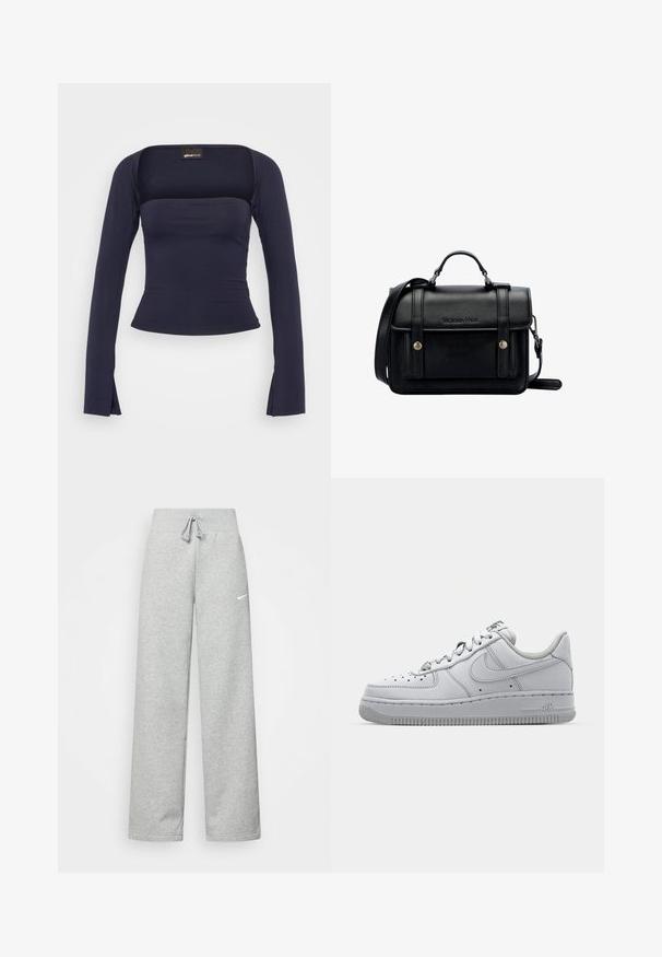 Gina Tricot SOFT TOUCH SQUARE NECK TOP - Camiseta de manga larga - black iris; Pantalones de chándal grises con cintura elástica, detalle de cordón y un pequeño logo blanco de Nike en el muslo izquierdo. Tejido suave, de corte holgado.; Zapatilla de cuero blanca con diseño de bajo corte, punta redonda, detalles perforados y suela de goma texturizada. Presenta acentos grises en la lengüeta.; Bolso de hombro de cuero negro con un diseño estructurado, asa superior, correa ajustable, tapa frontal y acentos metálicos. Presenta la marca en la parte delantera.
