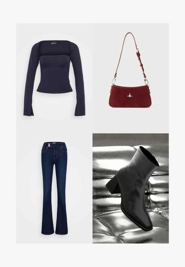 Gina Tricot SOFT TOUCH SQUARE NECK TOP - Long sleeved top - black iris; Dark blue flared jeans featuring a high-rise waist, two front pockets, and two button closures. Made from denim with a smooth texture.; Black ankle boot made of glossy material with a square toe and tapered heel, set against a shiny silver tufted background.; Red suede shoulder bag with a curved shape. Features a silver-tone accent and adjustable strap with hardware detailing. Smooth texture.