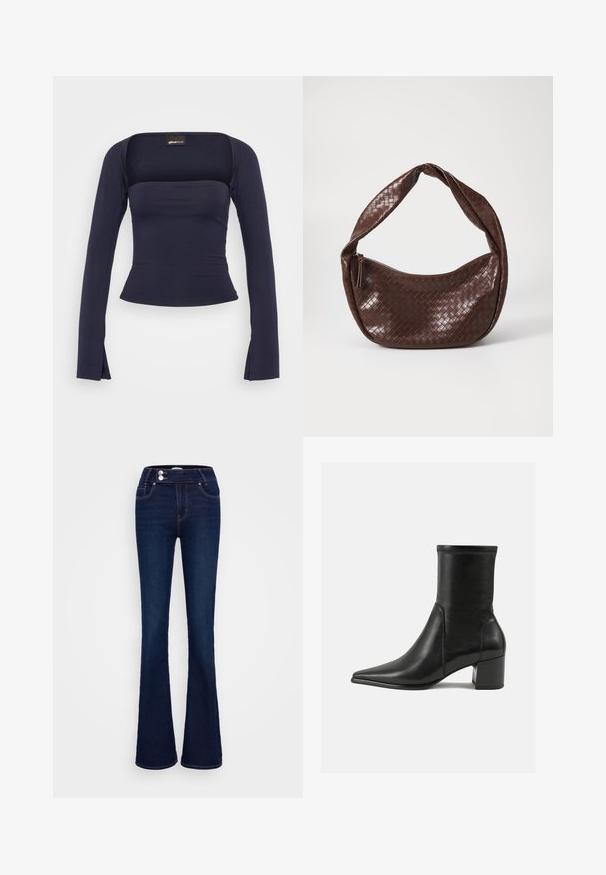 Gina Tricot SOFT TOUCH SQUARE NECK TOP - Longsleeve - black iris; Donkerblauwe uitlopende jeans met een hoge taille, twee voorzakken en twee knoopsluitingen. Gemaakt van denim met een zachte textuur.; Zwarte enkelboot van soepel leer, met een spitse neus, een blokhak en duidelijke verhoogde stiksels aan de bovenrand.; Bruine geweven leren handtas met een gebogen, geknoopte hengsel en een ritsluiting. Glad oppervlak en ronde vorm.
