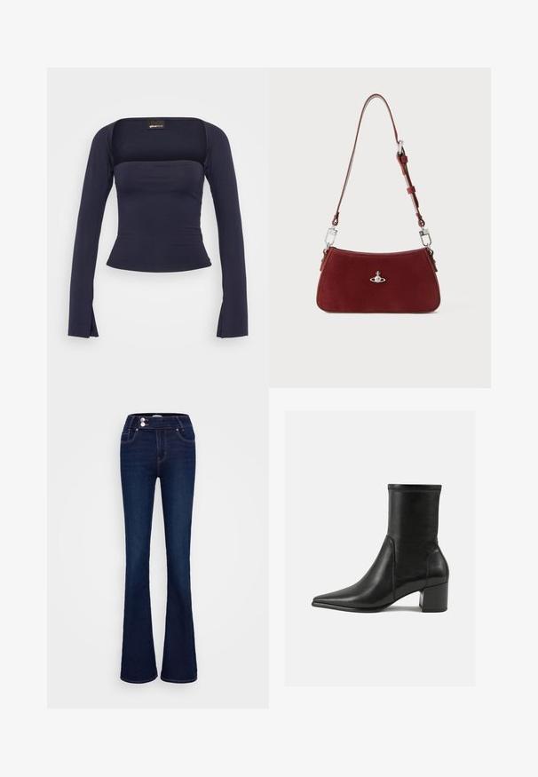 Gina Tricot SOFT TOUCH SQUARE NECK TOP - Ilgarankovis viršutinės dalies drabužis - black iris; Tamsiai mėlynos plačios džinsinės kelnės su aukštu liemeniu, dviem priekinėmis kišenėmis ir dviem mygtukais. Pagamintos iš lygios tekstūros džinsinio audinio.; Juodos odinės aulinės botai, turintys smailią nosį, storą kulną ir ryškiai išryškintą siuvinėjimą viršutinėje dalyje.; Raudona zomšinė petnešinė rankinė su linkusia forma. Pabrėžia sidabrinio atspalvio akcentas ir reguliuojama petneša su detaliu apdorojimu. Lygi tekstūra.