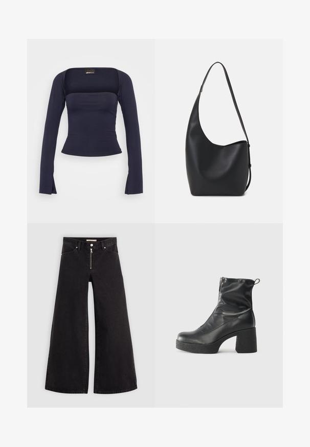 Gina Tricot SOFT TOUCH SQUARE NECK TOP - Long sleeved top - black iris; Wide-leg jeans in black denim with a zippered front, five-pocket design, and subtle stitching details. Smooth texture and casual style.; Black ankle boots made of smooth leather, featuring a side zipper, chunky textured heel, and rounded toe design.; Black leather hobo bag with a smooth texture, curved shape, and single adjustable strap; features a wide opening at the top.
