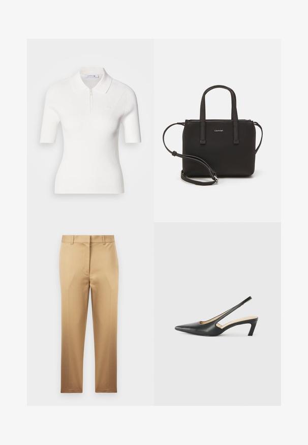 Biela, krátkopyjmová polokošeľa so zipsovým golierom, s jemnou rebrovou textúrou a malým logom Lacoste na hrudi.; Béžové nohavice so strihom rovného nohu, vyrobené z hladkej látky. Obsahujú zips a pútka na opasok, bez viditeľných vzorov alebo akcentov.; Čierne slingback topánky s ostrou špičkou a nízkym opätkom, vyrobené z hladkej kože a s výrezmi na boku pre lepšiu priedušnosť.; Čierna kabelka s dvojitými krátkymi rúčkami a odnímateľným ramenným popruhom. Hladký materiál podobný koži s uzatváraním na zips a detailom loga.