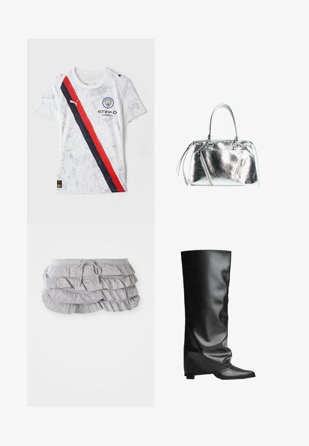 Fehér futballmez szintetikus anyagból. Jellemzője egy piros és fekete átlós csík, a Manchester City logója és a PUMA márkajelzés.; Szürke fodros szoknya, réteges anyagtervezéssel, húzózsinóros derékrésszel, puha tapintással, precízen kidolgozott szélekkel és leomló fodrokkal.; Fekete bőr, térdig érő csizmák sima felülettel, laza szabással, hegyes orral és alacsony négyzetes sarokkal. Minimalista stílus, látható hardver nélkül.; Fémes ezüst színű táska, strukturált formával, két felső fogantyúval és cipzáros zsebekkel az elülső oldalon. Simább, fényes textúra.