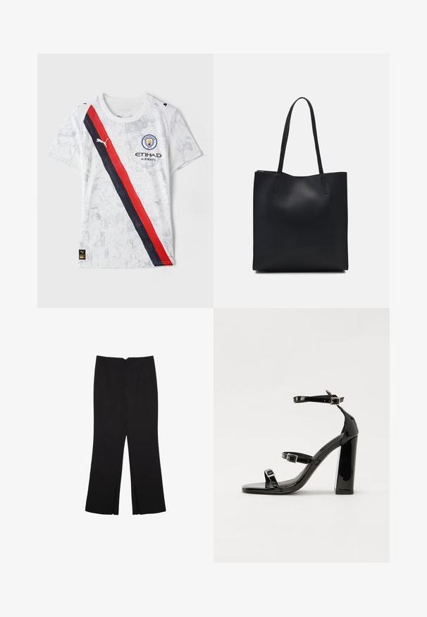 Biała koszulka piłkarska wykonana z materiału syntetycznego. Posiada czerwono-czarny ukośny pasek, logo Manchester City oraz markę PUMA.; Czarne spodnie o prostym kroju, z przednimi kieszeniami i bocznymi rozcięciami na dole. Wykonane z miękkiego, gładkiego materiału. Odpowiednie na różne okazje.; Czarne lakierowane sandały na obcasie z kwadratowym noskiem, z paskami wokół kostki i srebrnymi klamrami. Posiadają masywny słupek dla stabilności.; Czarna skórzana torba tote o gładkiej fakturze, prostokątnym kształcie i dwóch długich uchwytach. Brak widocznych elementów metalowych i ozdób.
